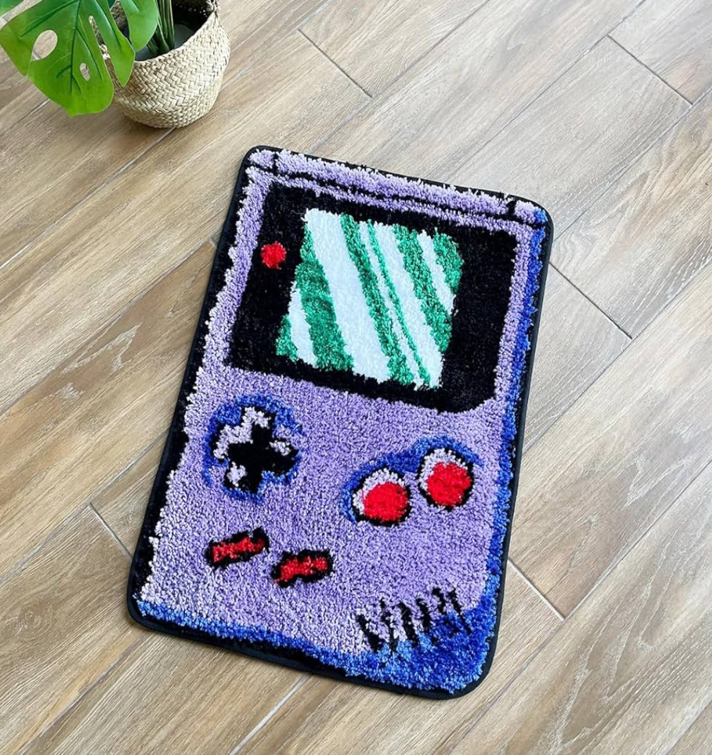 Purple Game Console Tufted Rug – Retro Flocking Carpet, Anti-Slip Cute Doormat (35.4” x 23.6”) for Aesthetic Home Decor