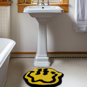 Trippy Smiley Face Rug – Y2K Retro Non-Slip Plush Rug for Bedroom, Dorm, or Bathroom (26” or 32”, Yellow or Pink)