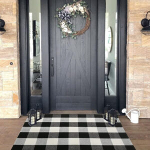 Buffalo Plaid Outdoor Rug – 27.5” x 43” Black and White Front Porch Mat for Farmhouse Decor, Layered Door Mat Look