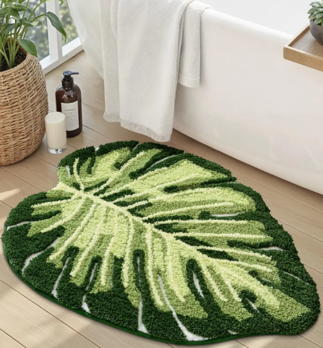 Monstera Bathroom Rug – Soft, Plush, Absorbent, Quick-Dry, Non-Slip Mat – Machine Washable, Green Leaf Design – 23.5”x31.5” for Bathroom, Shower, Bedroom, Kids Room