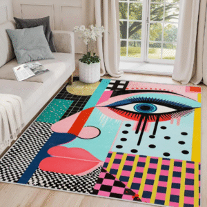 Abstract Pop Art Rug for Living Room – Colorful Geometric Modern Area Rug | Contemporary Artistic Carpet, Eye-Catching Home Decor, Non-Slip & Washable Flannel Rug