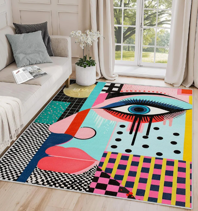 Abstract Pop Art Rug for Living Room – Colorful Geometric Modern Area Rug | Contemporary Artistic Carpet, Eye-Catching Home Decor, Non-Slip & Washable Flannel Rug