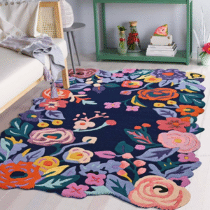 Handmade Colorful Roses Floral Wool Area Rug – Irregular Shape Blossom Garden Carpet in Vibrant Multicolor – Thick Soft Wool Rug for Living Room, Bedroom & Kitchen Décor