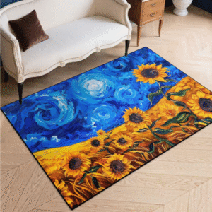 Blue Sky Sunflower Area Rug – Washable Non-Slip Floral Medallion Carpet for Living Room, Bedroom, or Dining Room – Soft Vintage Distressed Pattern in Beige, Navy Blue & Orange