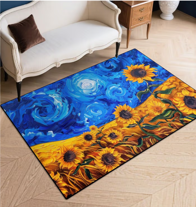 Blue Sky Sunflower Area Rug – Washable Non-Slip Floral Medallion Carpet for Living Room, Bedroom, or Dining Room – Soft Vintage Distressed Pattern in Beige, Navy Blue & Orange