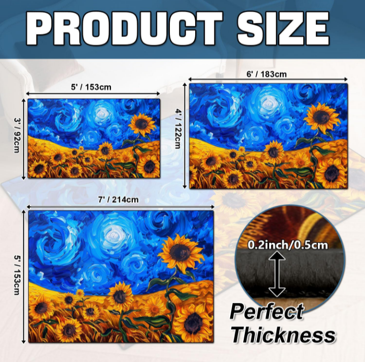 Blue Sky Sunflower Area Rug – Washable Non-Slip Floral Medallion Carpet for Living Room, Bedroom, or Dining Room – Soft Vintage Distressed Pattern in Beige, Navy Blue & Orange - Image 2