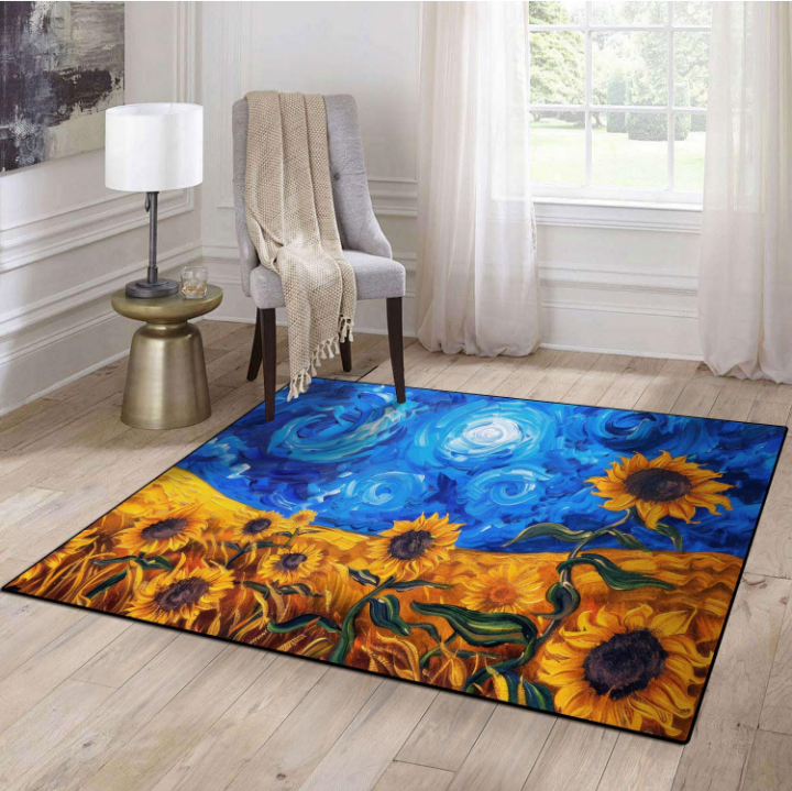 Blue Sky Sunflower Area Rug – Washable Non-Slip Floral Medallion Carpet for Living Room, Bedroom, or Dining Room – Soft Vintage Distressed Pattern in Beige, Navy Blue & Orange - Image 4