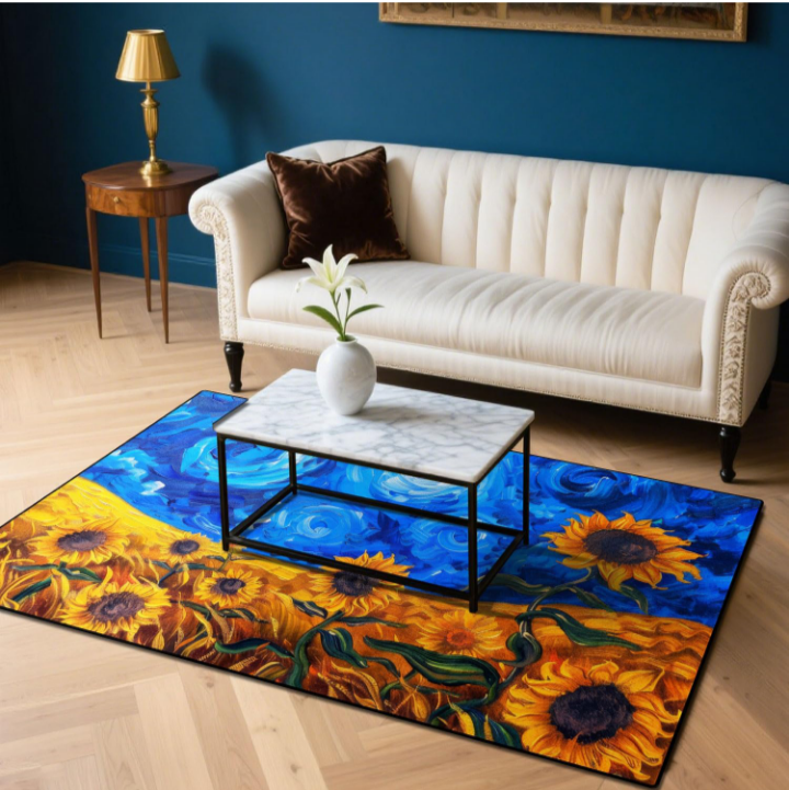 Blue Sky Sunflower Area Rug – Washable Non-Slip Floral Medallion Carpet for Living Room, Bedroom, or Dining Room – Soft Vintage Distressed Pattern in Beige, Navy Blue & Orange - Image 5