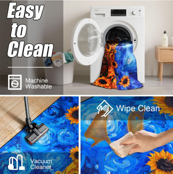 Blue Sky Sunflower Area Rug – Washable Non-Slip Floral Medallion Carpet for Living Room, Bedroom, or Dining Room – Soft Vintage Distressed Pattern in Beige, Navy Blue & Orange - Image 7