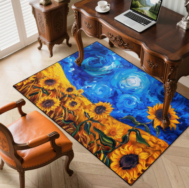 Blue Sky Sunflower Area Rug – Washable Non-Slip Floral Medallion Carpet for Living Room, Bedroom, or Dining Room – Soft Vintage Distressed Pattern in Beige, Navy Blue & Orange - Image 8