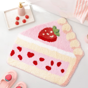 Strawberry Cake Bath Mat – Cute Pink Washable Non-Slip Rug for Bathroom, Bedroom, or Kitchen – Soft Kawaii Dessert Bathroom Decor, Plush Absorbent Microfiber Mat (26x28 inches)
